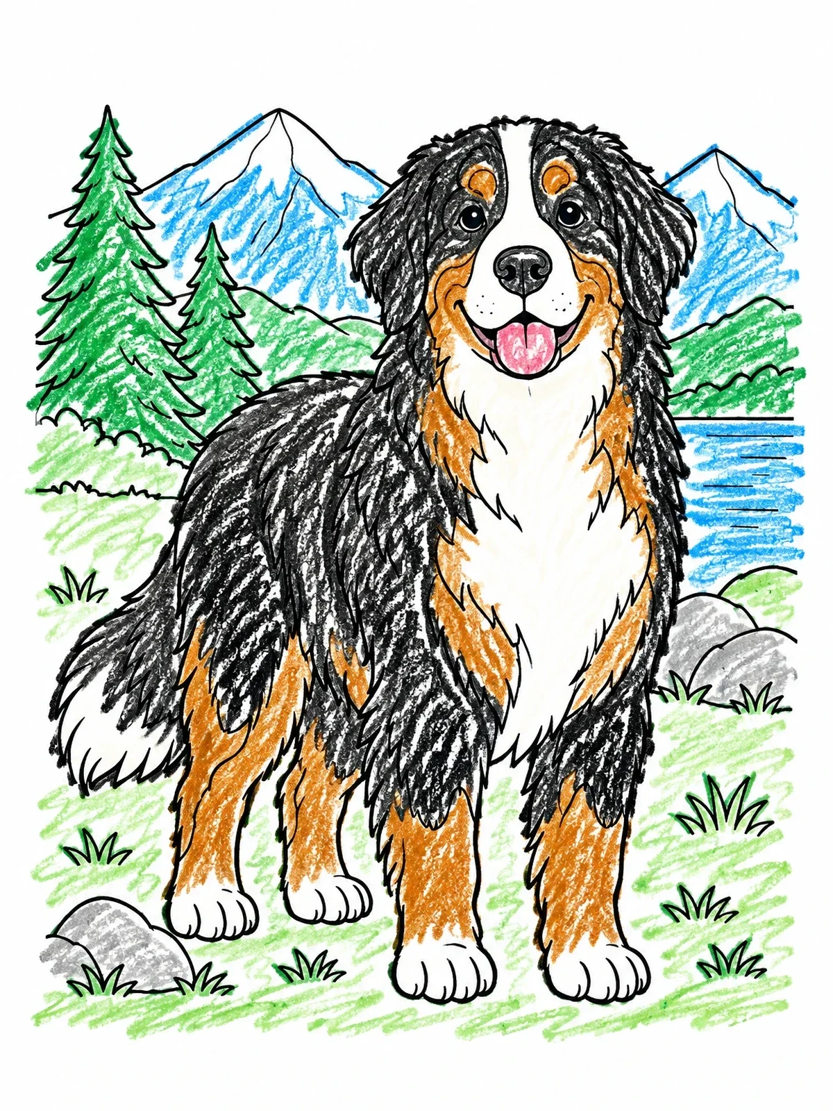 Colored example of the Fluffy Bernese Mountain Dog Outdoors coloring page