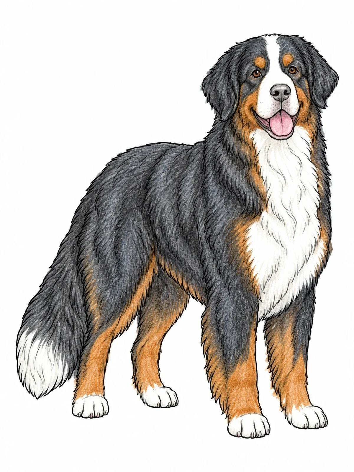 Colored example of the Fluffy Bernese Mountain Dog Standing coloring page