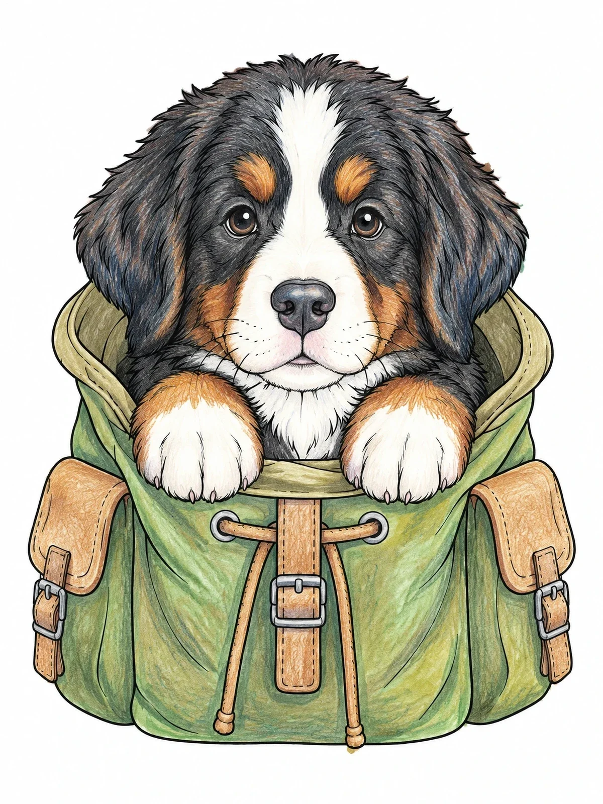 Colored example of the Fluffy Mountain Dog Puppy In Backpack coloring page