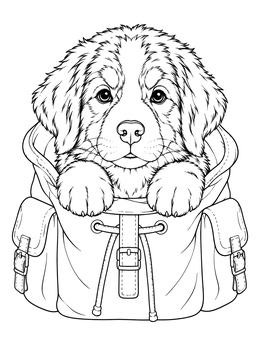 Free printable Fluffy Mountain Dog Puppy In Backpack coloring page