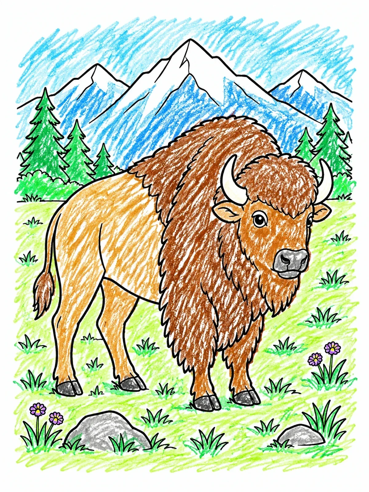 Colored example of the Fluffy Bison In Yellowstone Meadow coloring page