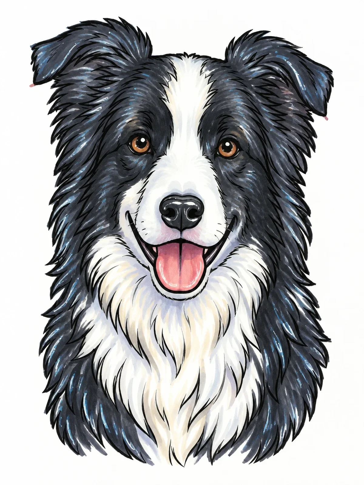 Colored example of the Fluffy Border Collie Portrait coloring page