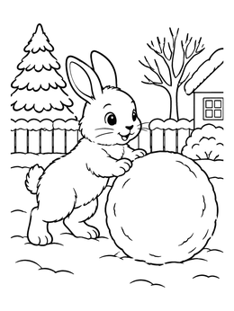 Free printable Fluffy Bunny Rolling A Snowball coloring page