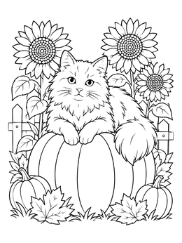 A fluffy cat rests atop a giant pumpkin in this cat thanksgiving coloring page surrounded by blooming sunflowers.