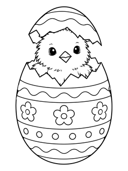 A fluffy little chick peers out of an easter egg coloring page with flower patterns.