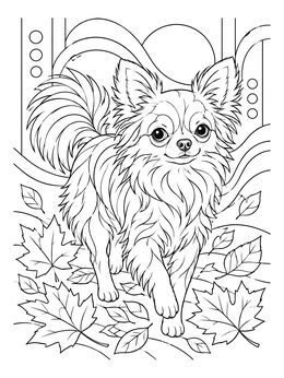 Detailed chihuahua coloring page featuring a fluffy long-haired dog stepping among fallen autumn leaves.