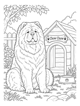 A fluffy dog sits proudly outdoors in this detailed chow chow coloring page.