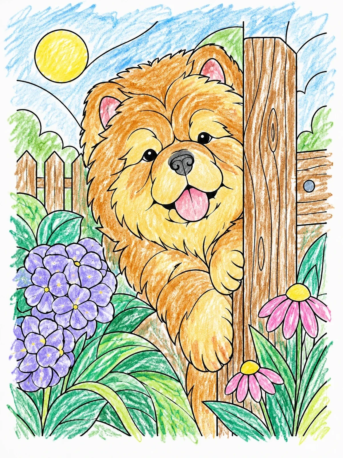 Colored example of the Fluffy Chow Chow By The Garden Fence coloring page
