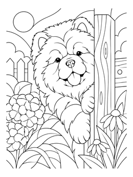 A fluffy puppy peeks past a wooden post in this chow chow coloring page with garden flowers.