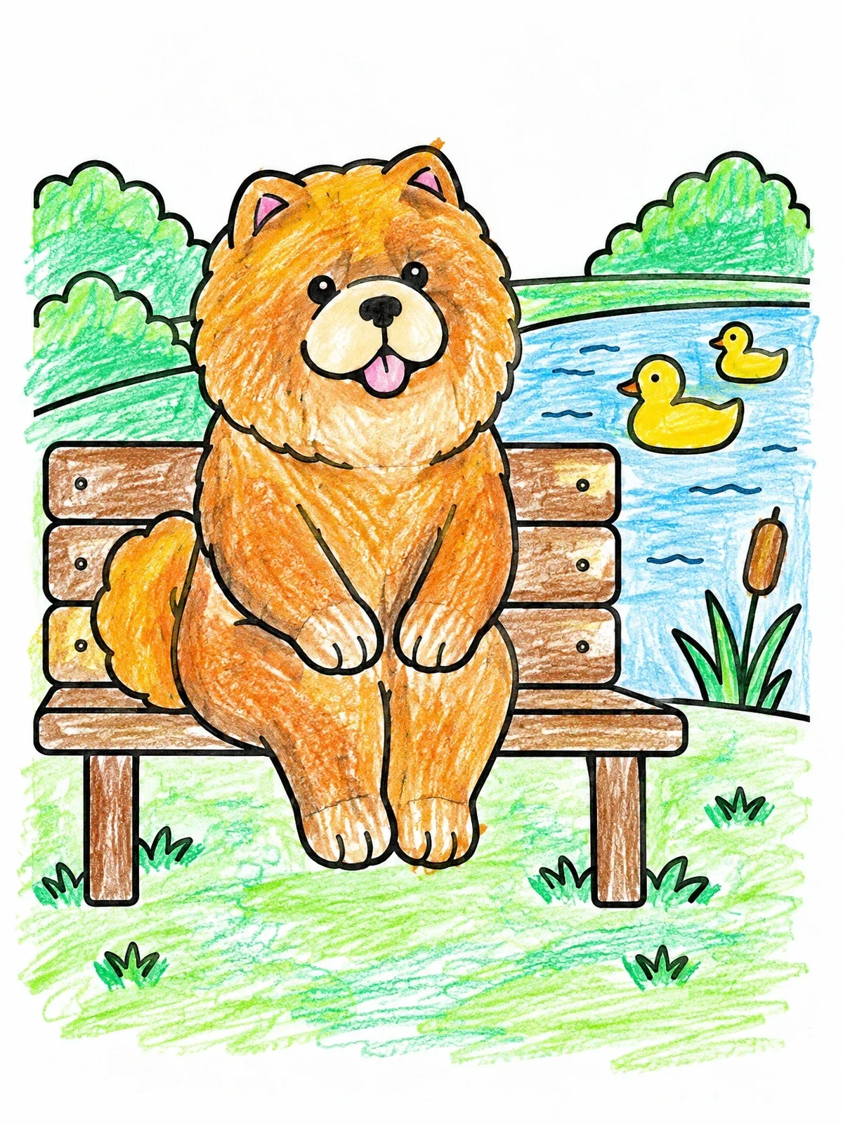 Colored example of the Fluffy Chow Chow On Park Bench coloring page