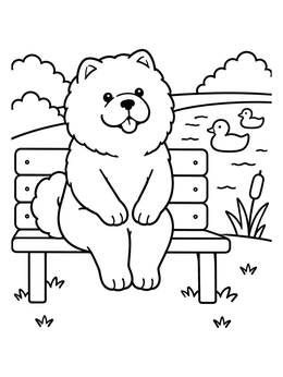 A chow chow coloring page showing a fluffy puppy sitting on a park bench next to a duck pond.