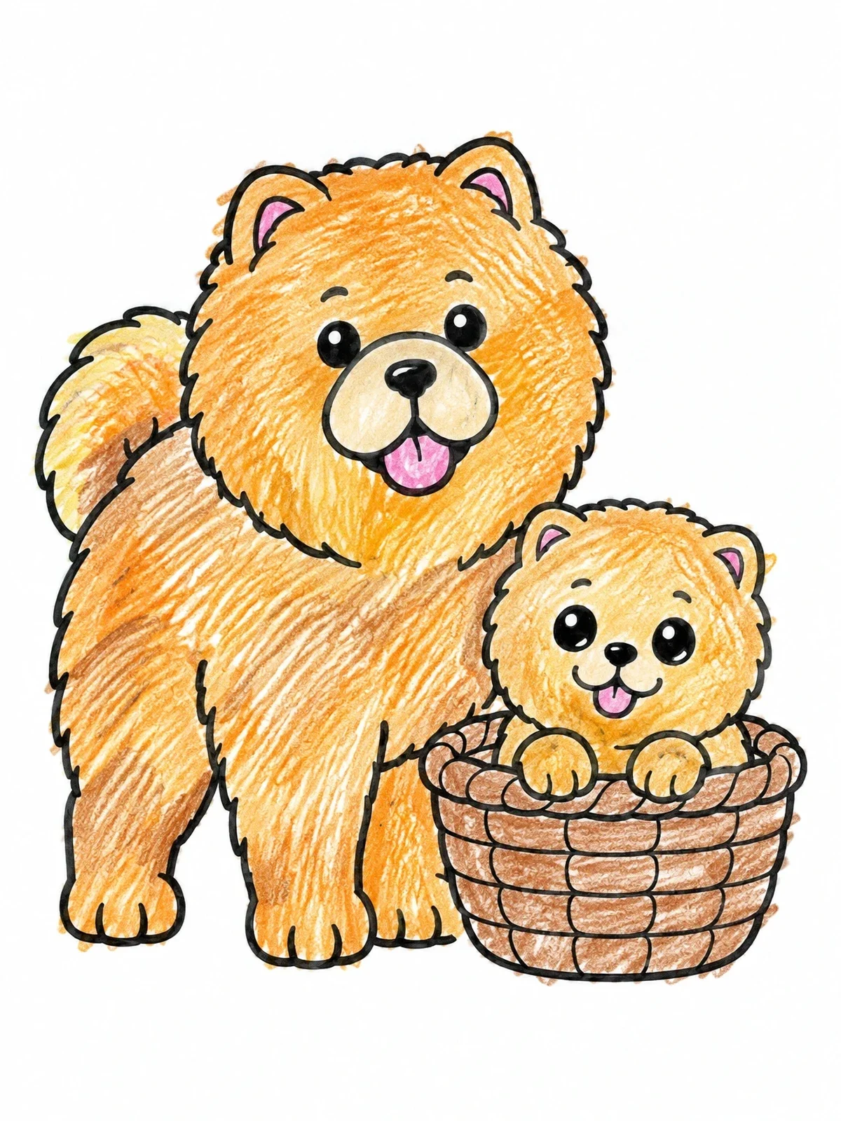 Colored example of the Fluffy Chow Chow With Basket Puppy coloring page