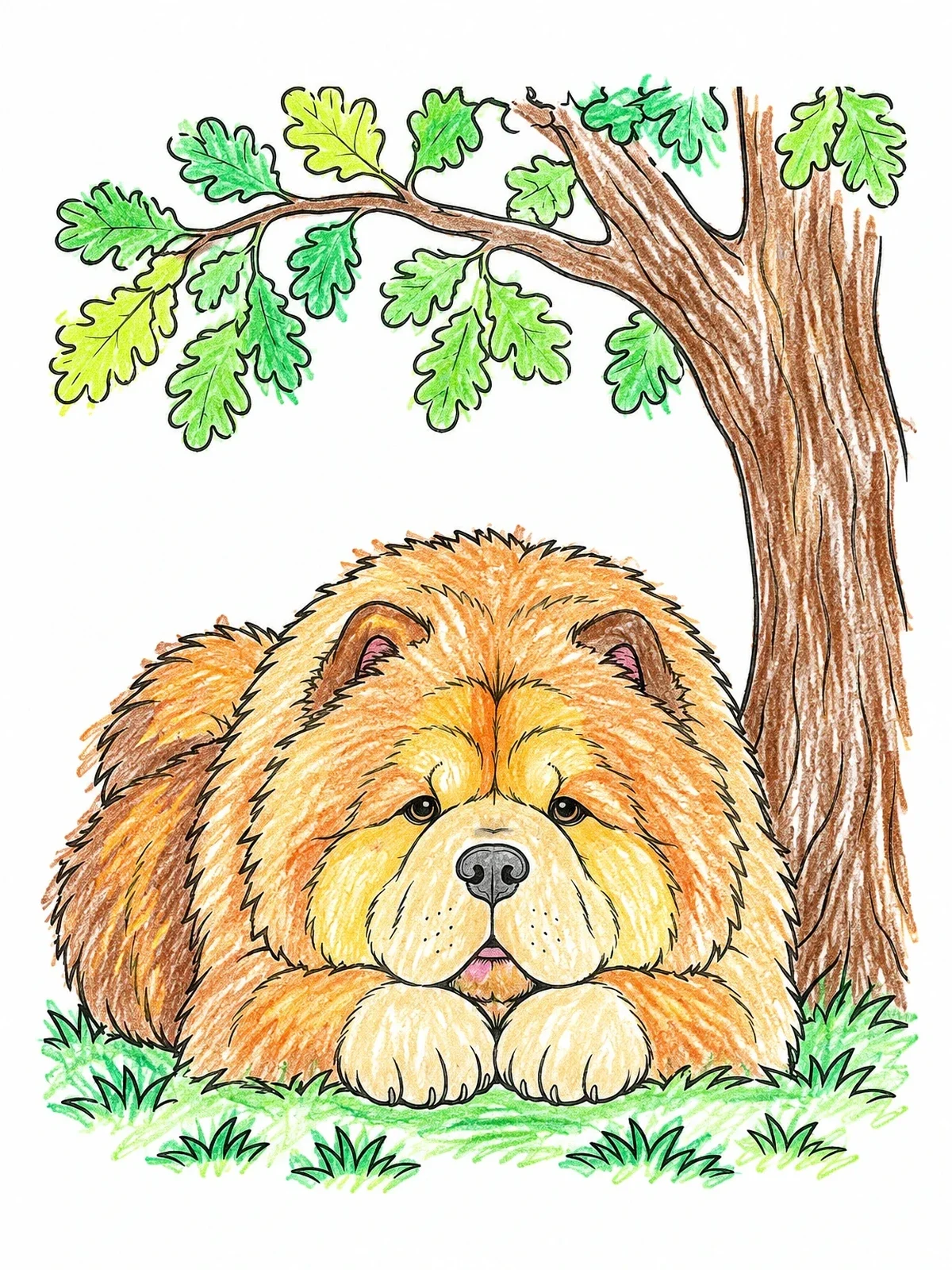 Colored example of the Fluffy Chow Chow Under Oak Tree coloring page