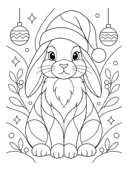 A festive christmas bunny coloring page featuring a sitting rabbit in a Santa hat surrounded by ornaments.