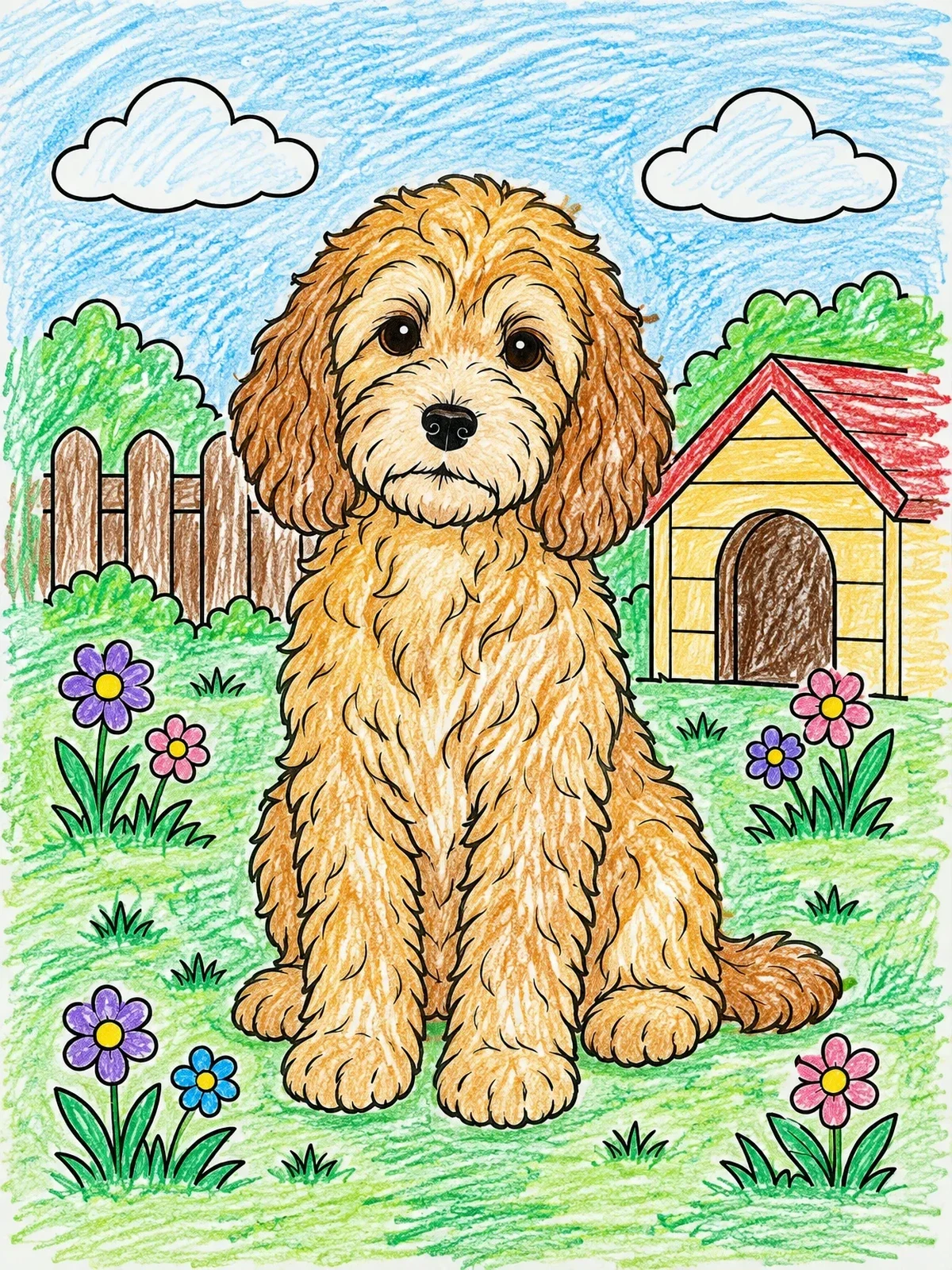 Colored example of the Fluffy Cockapoo In The Garden coloring page