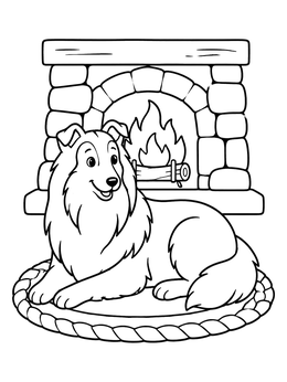 A happy dog rests in this cozy collie coloring page beside a stone hearth.