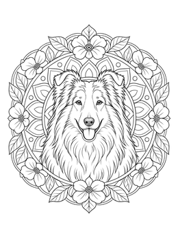 An intricate collie coloring page framed by a circular mandala of flowers and leaves.
