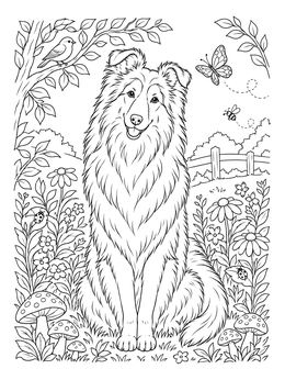 Free printable Fluffy Collie In Summer Garden coloring page