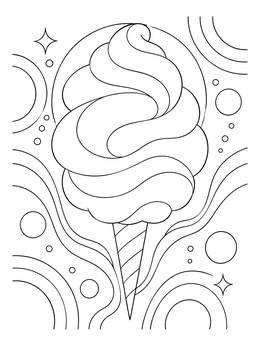 Swirling treat in a cotton candy coloring page with flowing background patterns.