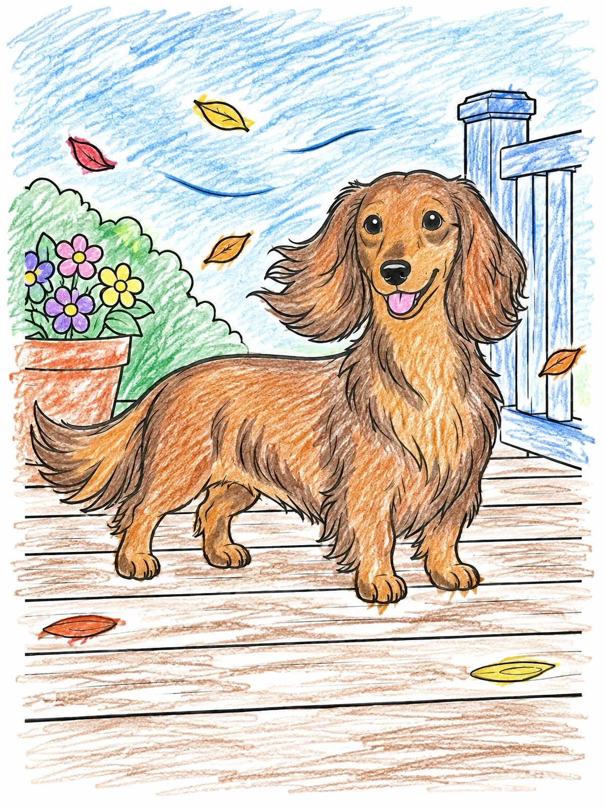 Colored example of the Fluffy Dachshund On Breezy Porch coloring page