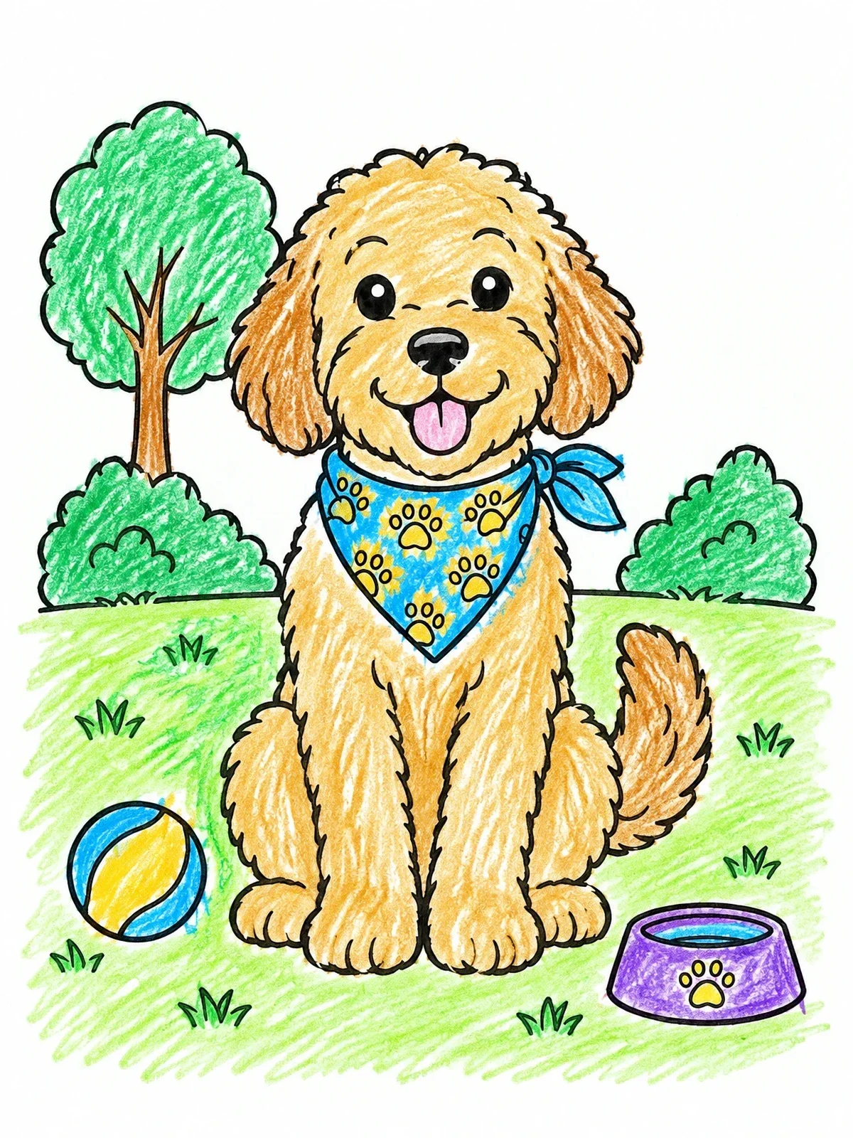 Colored example of the Fluffy Dog With Bandana In The Park coloring page