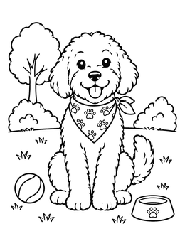 Free printable Fluffy Dog With Bandana In The Park coloring page