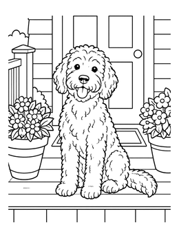 Free printable Fluffy Doodle Dog On The Porch coloring page