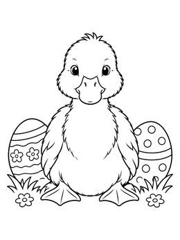 A fluffy duckling sits near patterned eggs in this easter duck coloring page.