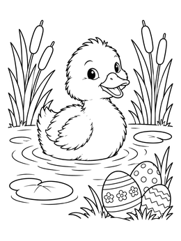 A sweet easter duck coloring page with a fluffy duckling in a pond near cattails and decorated eggs.
