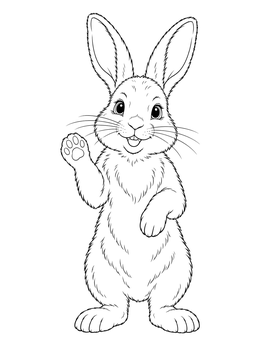 A cheerful fluffy easter bunny coloring page standing upright and waving.