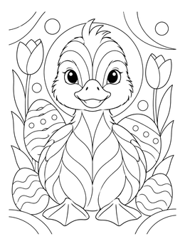 An adorable easter duck coloring page featuring a baby duckling, tulips, and decorated eggs.