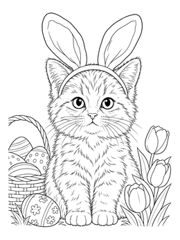 A sweet easter cat coloring page featuring a kitten with bunny ears next to tulips.