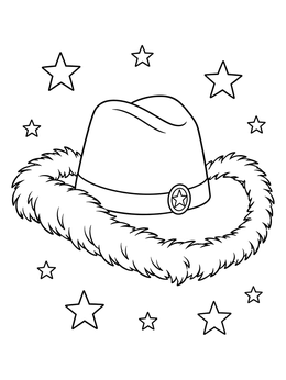Fluffy cowboy hat coloring page with floating stars and badge.