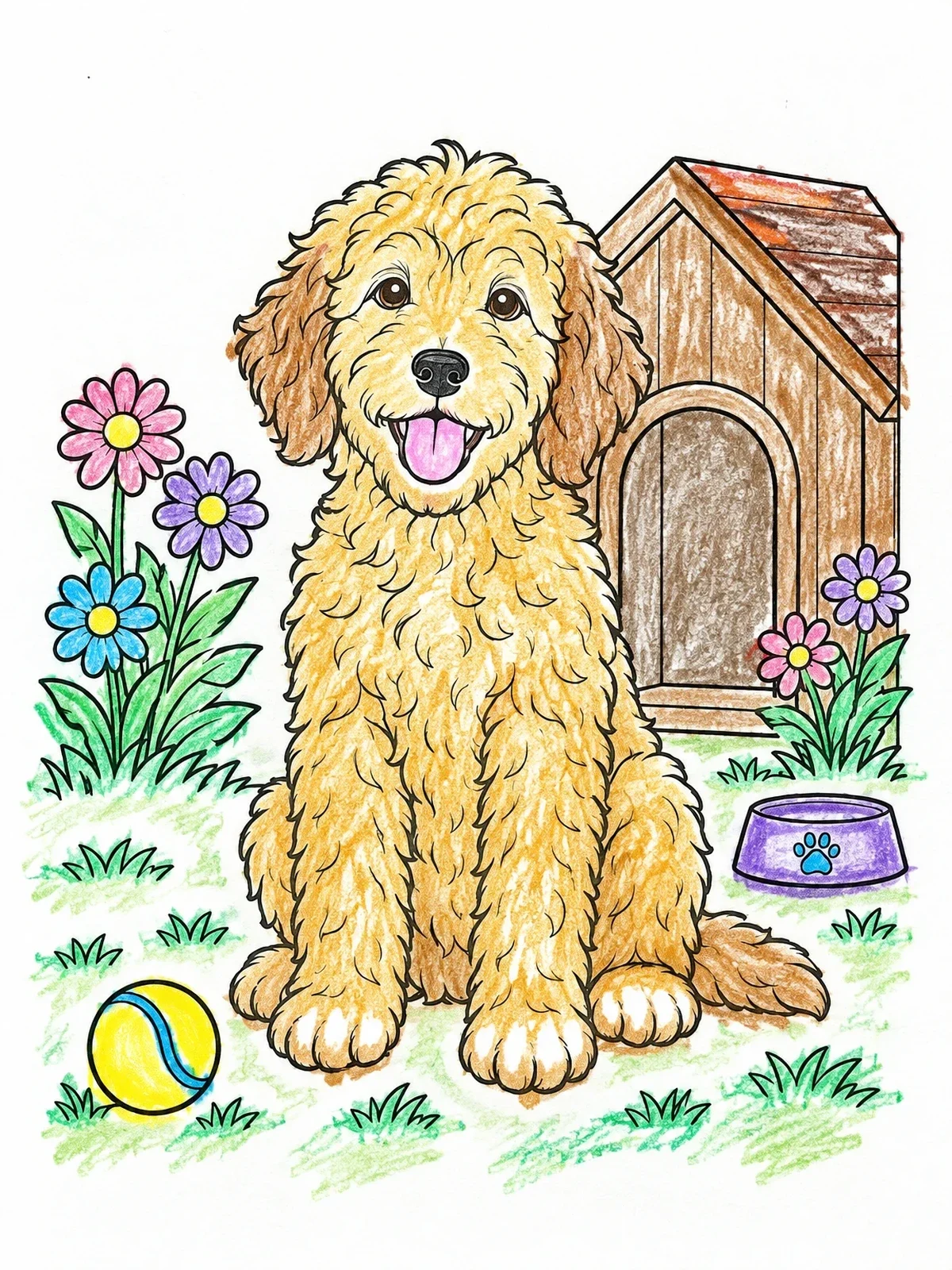 Colored example of the Fluffy Goldendoodle By The Doghouse coloring page
