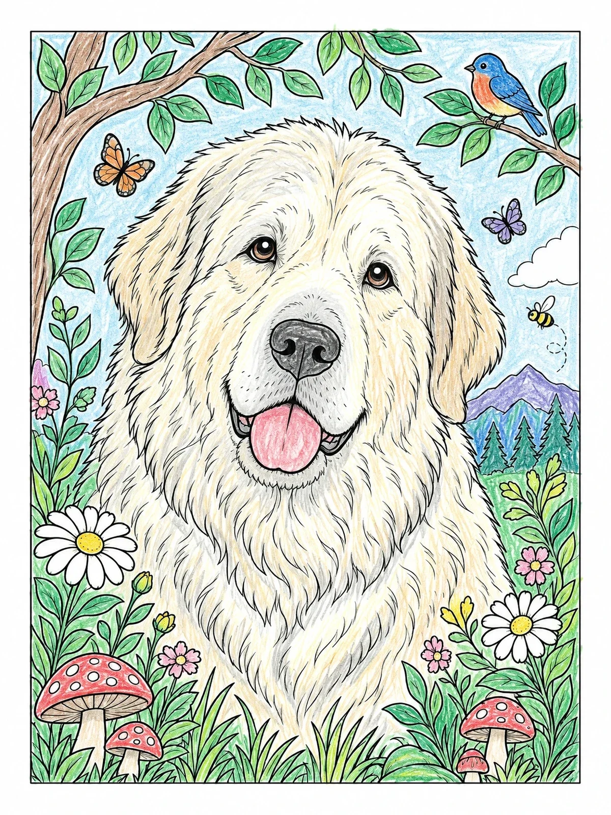 Colored example of the Fluffy Great Pyrenees In Nature coloring page
