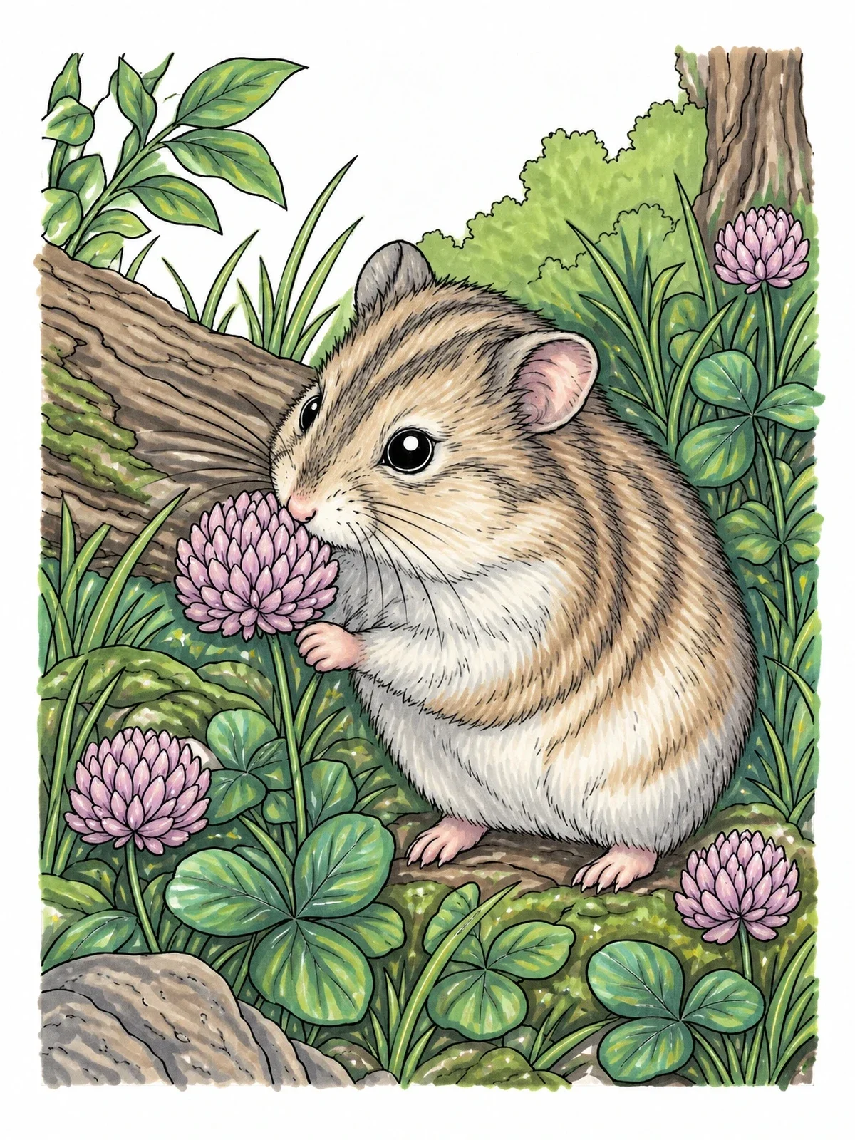Colored example of the Fluffy Hamster Sniffing Meadow Clover coloring page