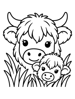 Free printable Fluffy Highland Cow And Calf coloring page