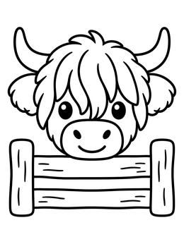Free printable Fluffy Highland Cow Behind Fence coloring page