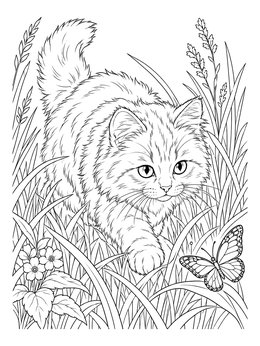 A fluffy kitten coloring page showing the curious cat watching a butterfly in tall meadow grass.
