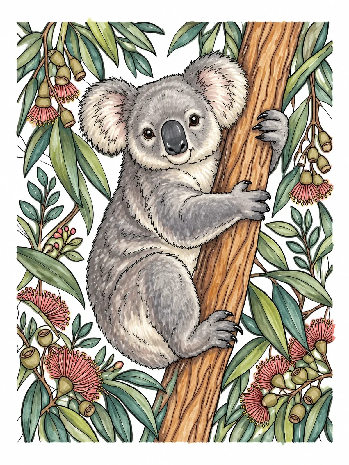 Colored example of the Fluffy Koala In Eucalyptus Tree coloring page