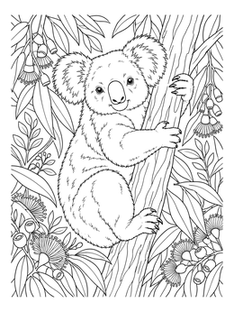 A fluffy koala coloring page clinging to a eucalyptus tree trunk surrounded by leaves.