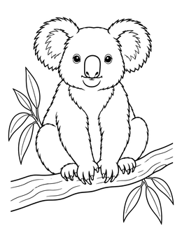 A fluffy koala coloring page sitting comfortably on a tree branch.