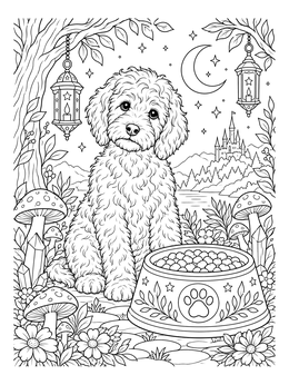 Free printable Fluffy Labradoodle By Food Bowl coloring page