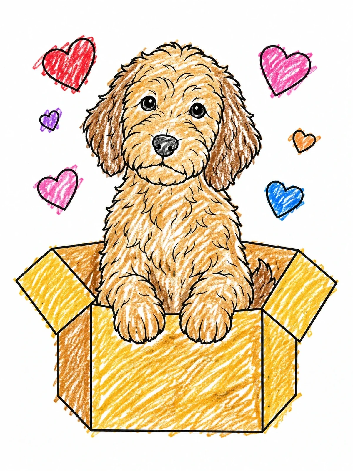 Colored example of the Fluffy Labradoodle Puppy In A Box coloring page