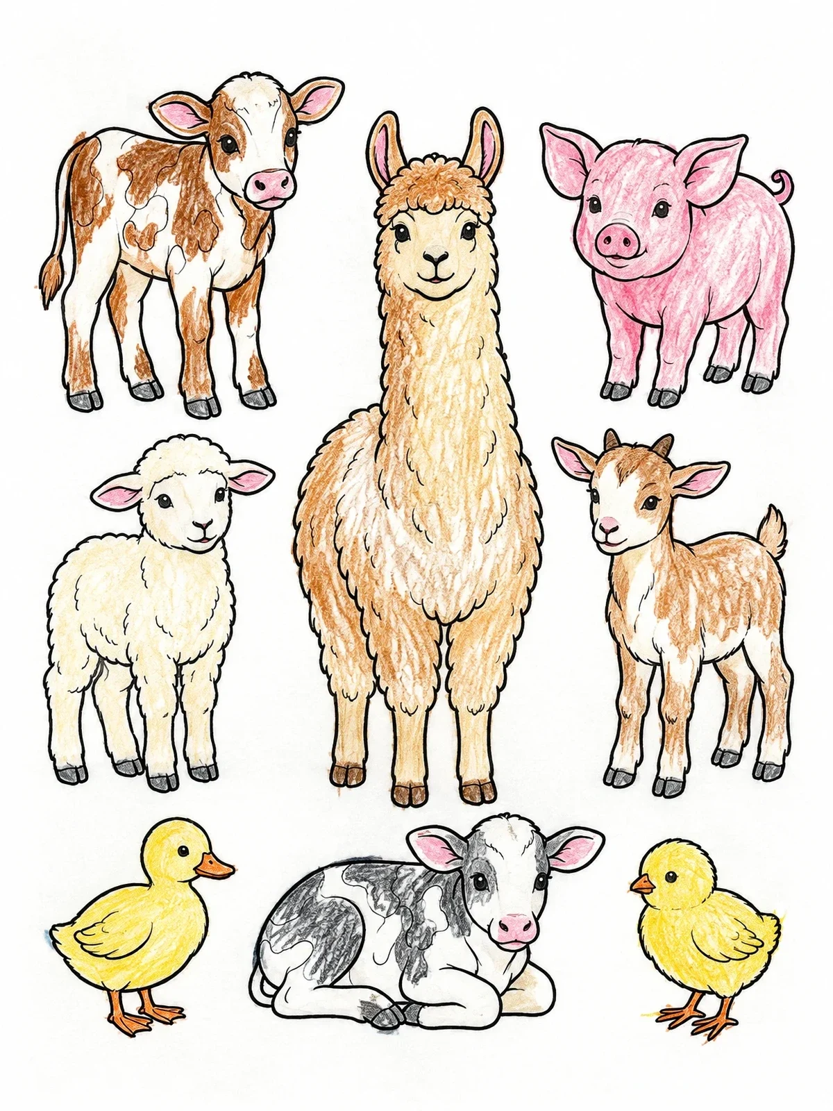 Colored example of the Fluffy Llama And Baby Farm Animals coloring page