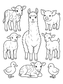 A cute llama surrounded by baby critters on this farm animals coloring page.