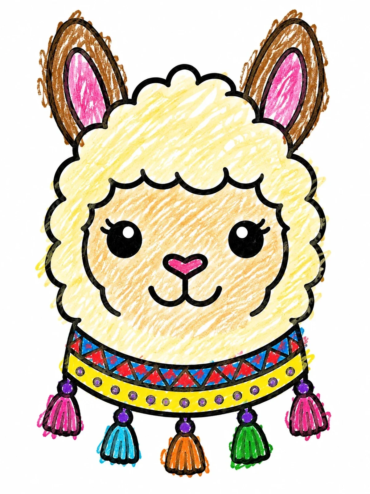 Colored example of the Fluffy Llama Face With Tassels coloring page