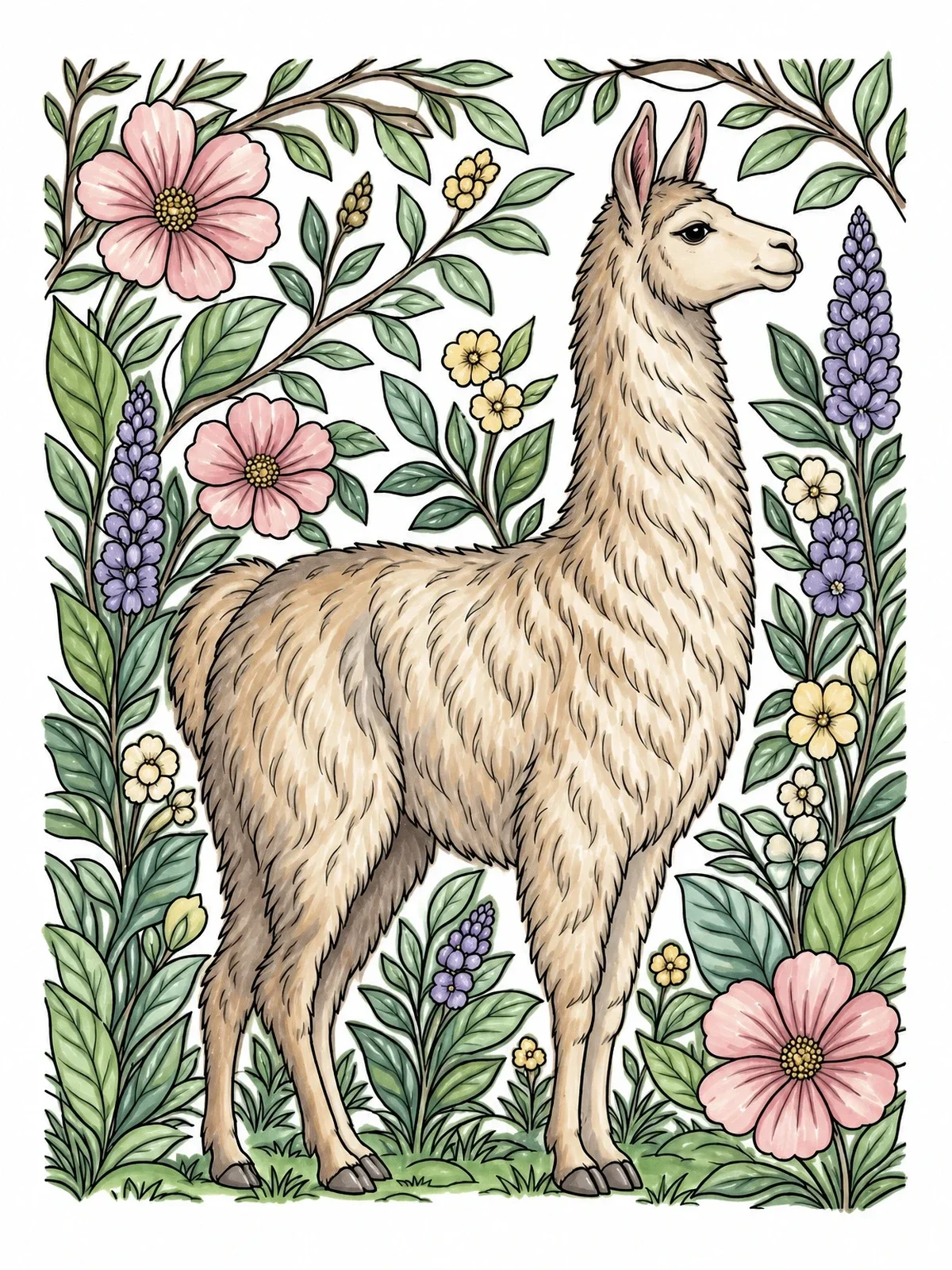 Colored example of the Fluffy Llama In Floral Garden coloring page