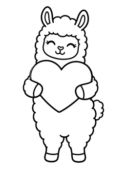 Free printable Fluffy Llama Hugging Big Heart coloring page