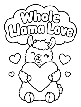 Free printable Fluffy Llama Hugging Big Heart coloring page